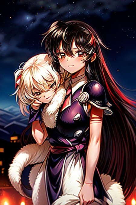 best quality 1girl Setsun4 solo long hair,  (night time) forest background black hair very long hair purple eyes multicolored hair armor, small, (fur trim) (medium body),<lora:EMS-179-EMS:0.800000>,<lora:EMS-293862-EMS:0.800000> bow, hair_bow, hair_tubes, red_bow, brown_hair, long_hair, bangs, ascot, frilled_bow, yellow_ascot, blush, smile, hair_between_eyes, athletic, armor, miko, strengthmda,  Smiling, happy, helmet