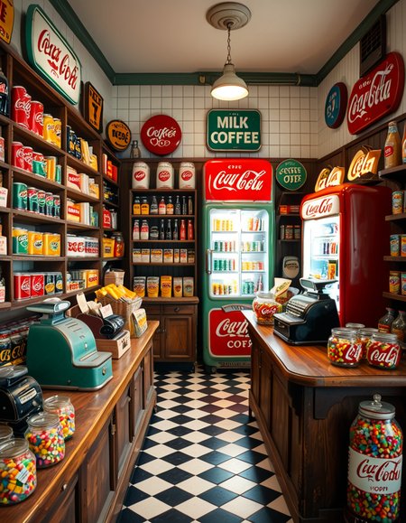 A vintage 1950s grocery store filled with nostalgic details. Wooden shelves neatly stocked with classic canned goods, glass soda bottles, and colorful retro packaging. An old-fashioned cash register sits on the wooden counter, next to a small scale for weighing produce. The checkered black-and-white tile floor adds to the mid-century charm, while hand-painted signs on the walls advertise milk, bread, and coffee in bold, retro fonts. A display of penny candy in glass jars sits near the entrance, and a vintage Coca-Cola refrigerator hums in the background. Soft, warm lighting casts a nostalgic glow over the scene, enhancing the rich textures of wood, glass, and metal, capturing the essence of a bygone era.
<lora:SDXLFaeTastic2400:0.4> <lora:extremely_detailed:0.4> extremely detailed
 <lora:1950s_grocery_st0r3:1>,1950s grocery st0r3, Masterpiece,best quality,hi res,8k,hi res,8k,award winning,(sharp focus, intricate, highly detailed),