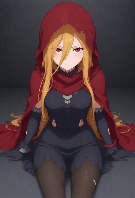 masterpiece, best quality, amazing quality,,, shiny skin,,,,,, <lora:Evileye:1> N4rb3r4lG4mm4, red eyes, blonde hair, very long hair, hair between eyes, torn clothes, hood, pantyhose, black dress, gloves, chain, hooded cloak, shackles,