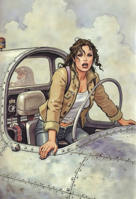 itacomic1 illustration. Lara Croft wearing a fleece bomber jacket entering the cockpit of a WWII airplane with a shocked expression as she sees two empty pilot seats. The shot is from the outside of the cockpit looking in and we see a little of the metal riveted fuselage.  High contrast, dynamic composition, gritty and realistic, with a cinematic feel.