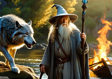 ((realistic,high resolution,excellent focus,correct and accurate anatomy)) on image Gandalf old man, wizard,with a large brimmed hat,holds a magic staff,rides a huge (wolf),forest,river,sunset Gray is one of the most powerful wizards in Middle-earth. He is wise, good, and brave, and has dedicated his life to fighting the forces of evil.
Gandalf was born in the far west, in the land of the Valar. He is one of the Worn, a group of wizards who are sent to Middle-earth to help the humans, elves and dwarves fight against Sauron.
Gandalf is known for his wisdom and advice. He is always ready to help those who need him and is ready to sacrifice himself for the good of others.
Gandalf is a symbol of hope and goodness. He is an example of how one person can make a big difference in the world.
licking colors, golden hour lighting, sunset, sunrise, white long beard
Gandalf opens a magical portal
Environment: On a ship, during battle, or sitting by the fire telling stories <lora:xl_more_art-full_v1:1> <lora:MJ52_v2.0:1> <lora:wolf:0,5>