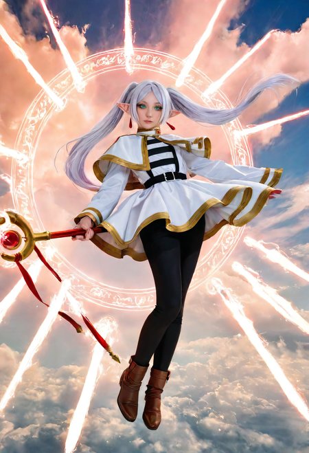 from front, 1girl,aegyo sal,tareme,makeup,(sousou no frieren,frieren:0.85),long eyelashes,eyelashes,thick eyelashes,twintails,eyeliner, (weapon formation:1.4), (floating weapon:1.2), floating energy sword, floating object,multiple weapons,
full body,closed mouth,lips, nose,red earrings,floating hair,floating ,wind,(floating skirt,skirt lift),
black leggings,boots,elf,full body,gold trim,green eyes,leggings,long hair,pointy ears, white capelet, long sleeves,solo,(twintails),white hair, looking at viewer and facing viewer ,kirt, weapon,(casting spell:1.2),Holding mage staff, fingernails, nail polish, 
 (flying,suspenders,floating),Glowing weapons,(energy sword:1.2),magic circle,standing on magic circle,
(realistic,photorealistic:1.2),(masterpiece,best quality,newest,highres,absurdres:1),photo, cosplay photo,photo \(medium\),<lora:il_brightness_slider_d1:-1>,(sky,flying,cloud:1.2) <lora:floating weapon-noob-V1:0.8>, <lora:cosplay photo-noob-V3:0.3>