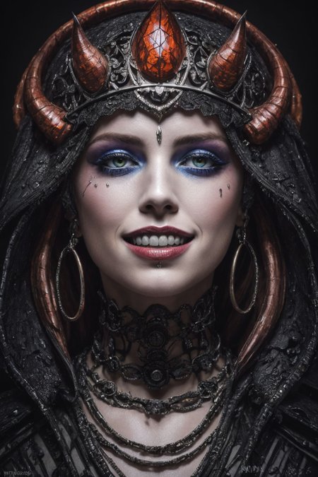 8K, highly detailed, digital photography, painting, medium shot of a (underworld queen) , Nikon d850, F/8, dripping Psychedelic, diabolic smile, satanic, on the edge, cracked personalty, intricate, sharp focus, perfect lighting, perfect shading, hdr, (photorealistic:1.4)