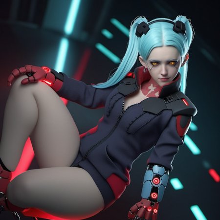 a woman, ligh blue hair, long pigtails, red tatttoos, wears a jacket, headphones, robotic big fists,  cyberpunk background, highly detailed, photography, ultra sharp, film, bokeh, professional, 64k <lora:Rebecca1024:0.8>