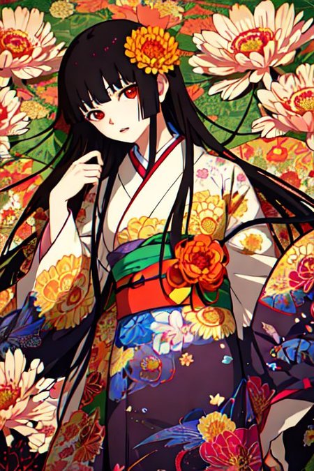Enma Ai, 1girl, chrysanthemum, flower, solo, japanese clothes, long hair, kimono, yellow flower, butterfly, hair spread out, purple flower, sash, floral print, black hair, bug, red eyes, lying, obi, orange flower, bangs, on back, kikumon, spider lily, pink flower, colorful, red flower, blunt bangs, blue flower, looking at viewer, parted lips, butterfly print, print kimono, long sleeves, crane \(animal\), pale skin, wide sleeves, from above, <lora:Enma Ai:0.8>