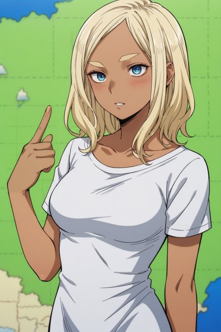 score_9, score_8_up, score_7_up, 1girl, prefect lighting, very aesthetic, intricate details, highly detailed background, masterpiece, high quality, prefect hands, best quality, solo, source_anime,
<lora:Meryl_MHA_V1:.85>, KJOmeryl, blonde hair, blue eyes, dark-skinned female, medium hair, thick eyebrows, 
white dress, short sleeves, 
expressionless, pointing at self, head tilt, blush, parted lips, 
news, map,
(Beautiful, medium Breasts:1.2), natural breasts,