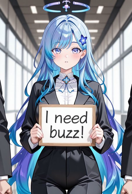 (masterpiece:1.2), (best quality:1.2), (absurdres:1.2), (high quality:1.2), (detailed:1), , anime coloring, anime screencap, 1girl, female, halo, medium_breast, long flowing light black hair, pastel blue highlights and gradient hair, side-swept bangs, beautiful eyes and hair, (almond eyes, slant eyes:1.2), (hand holding sign, "Need buzz":1.2), mature, standing, detailed office background, business suit, pant, detailed eyes, high detail eyes, multicolored iris, detailed iris, full lashes, Manhwa style,Bright colors, Contour line, pale painting, sprite, easynegative, VtuberXL,, virtual youtuber, solo focus, looking at viewer, dynamic pose, genshinportrait, sketch, portrait, holding sign, "Need buzz"