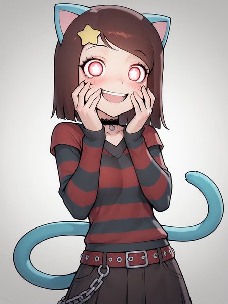 masterpiece, best quality, amazing quality, very aesthetic, absurdres, newest, dynamic_angle, defined facial features, clear picture, white background, 
 <lora:Gumball-Girl_ILv0:0.7> male chest:1.2, gumball-girl, ((((mature body:1.5, mature:1.5, aged up:1.5)))), brown hair, whisker markings, star-shaped pupils, cat ears, cat tail, solo, <lora:emo-fashion-ponyxl-lora-nochekaiser:1> emo fashion, torn sweater, two-tone sweater, sweater under shirt, striped sweater, lace-trimmed choker, belt chain, red sweater, black sweater, goth fashion, yandere trance, yandere, hands on own cheeks, hands on own face, crazy eyes, crazy smile, crazy, glowing eyes, symbol-shaped pupils, hand on own face, open mouth, glowing, blush, looking at viewer, flat chest,