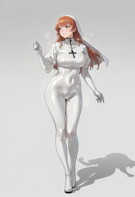 latex bodysuit nun, latex, nun, bodysuit, skin tight, white bodysuit, shiny clothes, solo, 1girl,full body,