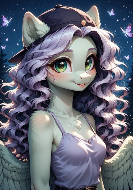 masterpiece, score_9_up, score_8_up, score_7_up, score_6_up, source_pony, (best quality:1.1), ultra-detailed, high resolution, solo, highly detailed macro illustration BREAK 1girl, anthro pony, female, Pegasus wings, (beautiful green eyes:1.5), (big eyes), (long eyelashes:1.4), (blush:1.3), (gold eye shadow:1.3), (light purple wavy hair:1.4), (light green fur:1.2), fluffy ears, (cute expression, cute face:1.3), smile, :3, small breasts, narrow waist, skinny, (lapper cap:1.2), (purple blouse:1.2), (black belt:1.0), (jewelry:1.2) BREAK on front, upper-body, portrait, looking at viewer BREAK natural landscape, night, spring, nature, Dappled moonlight, starry sky, (flying butterflies:1.3) BREAK Highly Visible, sharp focus, perfect lighting, anatomically correct, extremely detailed, high detail, Expressiveh, OverallDetail, zPDXL3
