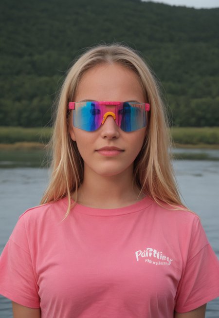female, blonde hair, pit viper sunglasses, colorful glasses, pink crop top, short sleeves, lake, outside,