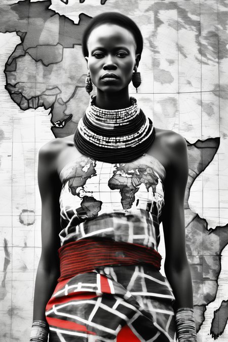 <lora:Zanele Muholi Style:1>Zanele Muholi Style - An African woman wearing traditional Maasai clothing, standing in front of a large map of Africa, with the map visible through the transparent parts of her clothing, creating a double exposure effect. The image is finished with a high-contrast black and white filter to emphasize the bold patterns of the Maasai clothing.