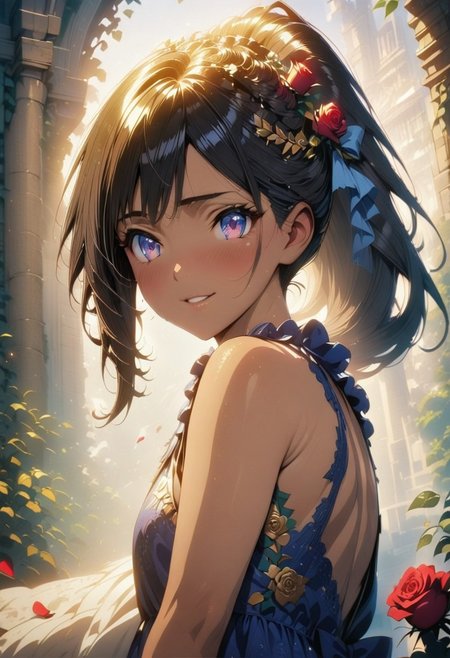 (masterpiece), (best quality), (ultra-detailed), very aesthetic, illustration, perfect composition, intricate details, absurdres, detailed face, (anime, masterpiece, intricate:1.3), (best quality, hires textures, high detail:1.2), (4k),(incredibly detailed:1.4) (((Best quality))), (((Ultra detailed))),(dim lighting, light particles, realistic, highres, Shy smile:1.4, absurdres) ,1girl, solo, looking at viewer, very long hair,high ponytail, indigo eyes, rose hair ornament, dress, frilly indigo back hair bow, cowboy shot, indigo hair, red roses, parted lips, pastel ribbons in hair, red roses in hair, indigo eyes, eyelashes, lips, pastel blue lace sleeveless dress,rose print dress, red roses, pale pink background, curly hair, rose vines with thorns,( rose petals falling in the air:1.3), soft light, tan skin, brown skin, hair blowing in the breeze, pastel theme, pastel colors, roses around the girl,half body shot, holding a rose