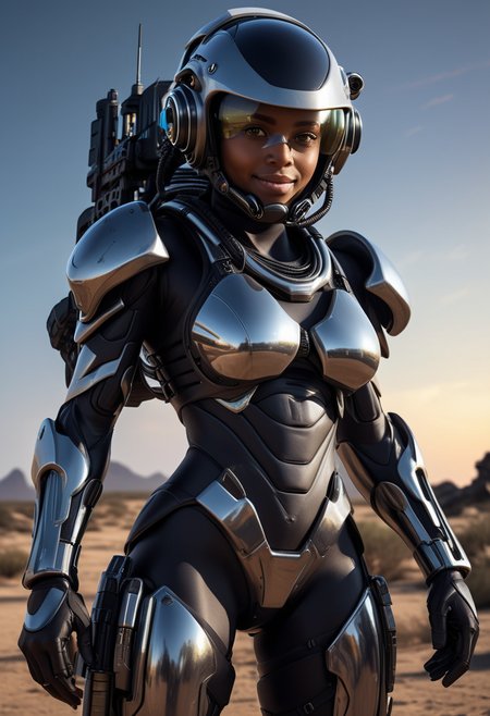 (medium full shot) of (lethal futuristic soldier) young woman, Average build, medium dark hair, south african, dark skin, black eyes, wearing a combat helmet with communication gear, Powered chrome stealth exo-suit with cloaking abilities with telekinetic barrier, armored boots, wielding a  railgun, equipped with a tactical backpack night vision goggles, set in  an alien battlefield, with exotic terrain, glowing flora, towering alien structures, and bioluminescent hazards , at sunset, woman smiling, ,Masterpiece,best quality, raw photo, realistic, very aesthetic