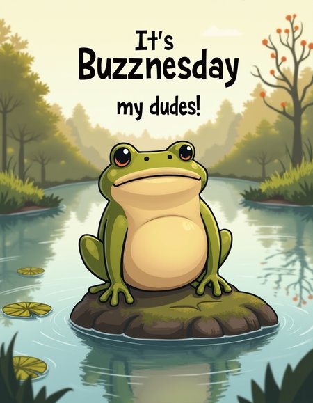 A plump beige frog with a laid-back expression, sitting on a moss-covered rock by a tranquil pond, saying "It's Buzznesday, my dudes" in a bold, comic-style font floating above him. The scene features calm water with a few lily pads and distant trees reflecting off the surface. The environment is peaceful and natural, with soft sunlight casting warm highlights across the landscape. The mood is humorous but relaxed, with a sense of lazy contentment. Cartoon-style illustration with soft shading and smooth, simple lines, emphasizing a light, casual feel