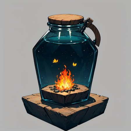 otherworldly, hexagonal composition, glass jar, wooden table, fireflies, night, outdoors, simple background  <lora:hexagon_composition_03:0.6>