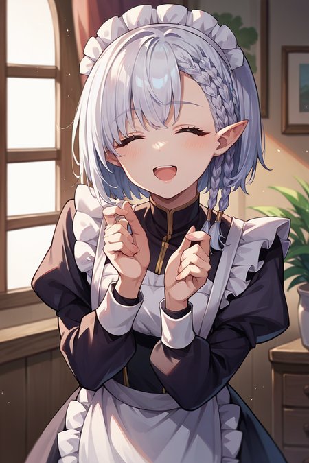 score_9, score_8_up, score_7_up, score_6_up, source_anime, 1girl, solo  <lora:beta-pdxl-nvwls-v1-000005:1> beta, white hair, braid, pointy ears,  maid headdress, maid dress, happy, looking at you, puffy sleeves, closed eyes, bedroom