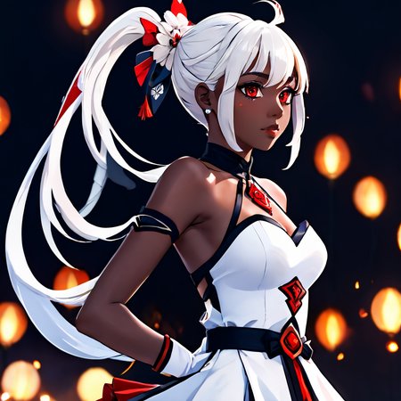 1girl, 3d, black background, cinematic lighting, dark skin, dress, fingerless gloves, genshin_mualani, gloves, hair ornament, long hair, profile, red eyes, sandals, simple background, skirt, solo, white gloves, white hair <lora:Genshin_Mualani_pony:1> <lora:aidma-Image Upgrader-v0.1:1>  perfect hands <lora:MHXL_Scrantelly_Slimjane:.8>
