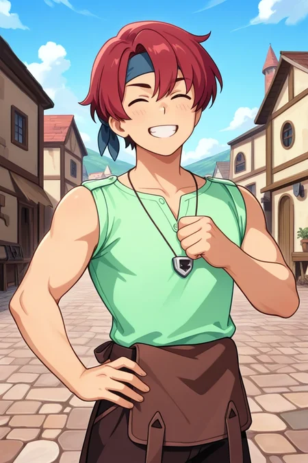looking at viewer, looking at viewer, happy, grin, closed eyes, light blush, 
hand on own hip, fist on own chest, 
headband, necklace, sleeveless, pale green shirt, 
toned, biceps, (narrow waist:0.6), (skinny:0.25), 
town, outdoors, cobblestone, blue sky, blacksmith, 
<lora:March_-_Fields_of_Mistria_IXL_-_V4:1> fom_march, red hair, march_spring_outfit