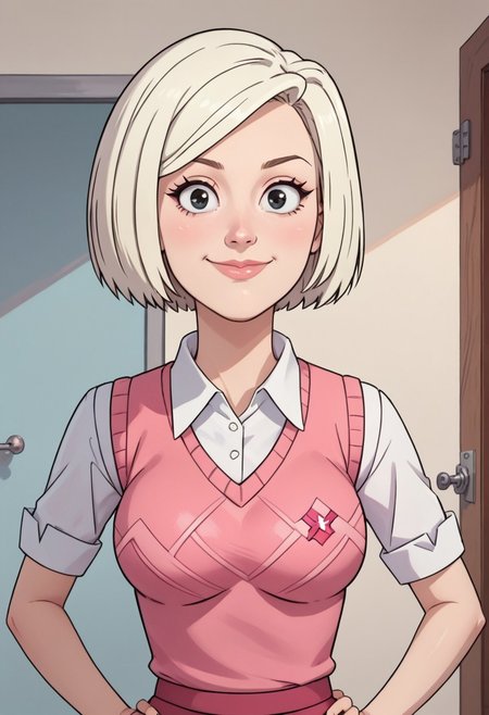 ((room background)),score_9, score_8_up, score_7_up,score_6_up, 
1girl, solo, Audrey_RS, light skin, black eyes, light blonde hair, short hair, bob haircut, white short-sleeved shirt with collar, deep pink sweater vest, dark pink skirt, cyan flat shoes, big eyes, cute, tall stature, social smile, perfect eyes, perfect smile, looking at the viewer, detailed eyes, perfect eyes, standing, big breasts (front pose, front view, bust shot) five fingers, perfect hands, hands on hips