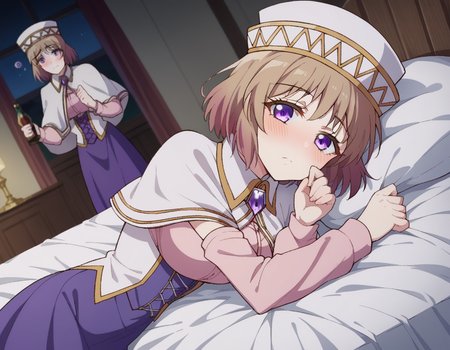 score_9, score_8_up, score_7_up, source_anime,
aliciaedelsia, <lora:alicia-edelsia-s1-ponyxl-lora-nochekaiser:1>,
alicia edelsia, short hair, brown hair, purple eyes,
skirt, long sleeves, hat, capelet, detached sleeves, corset,
indoors, bed, bed room, on side, blush, drunk,
looking at viewer, dutch angle, cowboy shot,