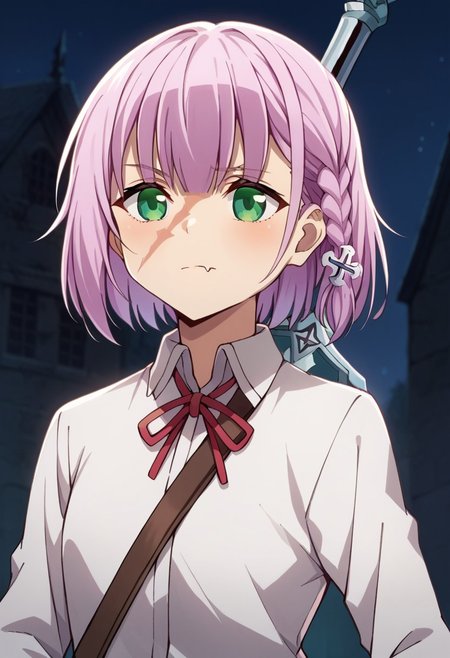 score_9, score_8, score_7, source_anime, rcleonica, braid, scar, cross hair ornament, skin fang, long sleeves, red ribbon, :d, weapon on back, looking away, night, holding sword, hair between eyes, collared shirt