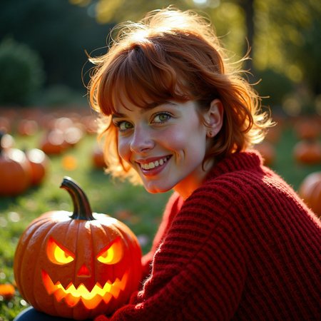 The photograph in question is a stunning production still, capturing a young woman with short red hair, dressed in a textured red wool sweater, sitting in a London garden during a sunny Halloween day.  She is holding a terrifying-looking carved pumpkin, with a red glowing from inside, in her hand.  The photograph is shot on 35mm film, providing a timeless and classic quality to the image. The lens used is sharp, rendering every detail of the scene with crisp clarity.
The photograph is taken from a low angle, looking up at the subject, creating a sense of intimacy and vulnerability. The close-up shot focuses on the subject's face and upper body, with a side profile view that showcases her candid smile and the warmth in her expressive eyes. Her green eyes are the focal point of the image, catching the light in a way that is both appealing and alluring.
The garden surrounding the subject is daytime autumn garden, with carved pumpkin all around, providing a natural and organic backdrop to the scene. The sunlight filters through the garden, casting a warm and inviting light on the subject's face. The professional lighting and color grading of the photograph enhance the clean and sharp film look, with even lighting that highlights the subject's light freckles, natural skin imperfections, and visible skin pores.
Overall, the photograph is a beautiful and evocative image that captures the spirit and personality of the young woman in a candid and authentic way. The combination of the 35mm film, sharp lens, low angle, and close-up shot creates a stunning visual that is both timeless and modern, making it a perfect production still for a movie.