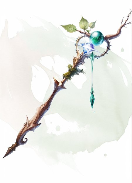MagicItem_v1 <lora:MagicItem_v1:1> (wand), white background, wooden wand, ivy, leaves, green particles, nature magic, druid wand, masterpiece, professional quality