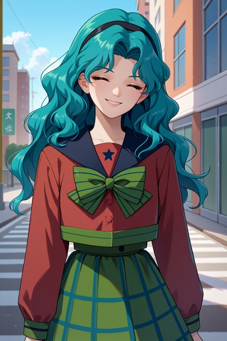 score_9, score_8_up, score_7_up, score_6_up, source_anime, 1girl, solo,  <lora:sailorneptune-pdxl-nvwls-v1-000005:1> slrnp, cyan hair, long hair, wavy hair, hairband, black sailor collar, red shirt, long sleeves, green bowtie, striped bowtie, school uniform, green skirt, plaid skirt, blue sky, city, walking, looking at you, smile, closed eyes, happy