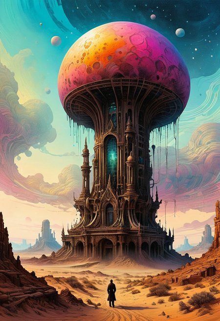 splash art, digital painting,polkadot 60's pastels color,  in front of a crowd, art Nouveau, baroque,  trending on a planet  intricately detailed,  the surreal figure appears to be composed of translucent energy, a tower in a desert, landscape by person achievements, frustrations, obsolescence of methods, surreal photo, inside the surreal landscape of warped geometry and digital artwork by Beksinski, 
<lora:InkArtXL_1.2:0.4> <lora:FaeTastic:0.35> .  incredibly lifelike, high contrast, well defined .