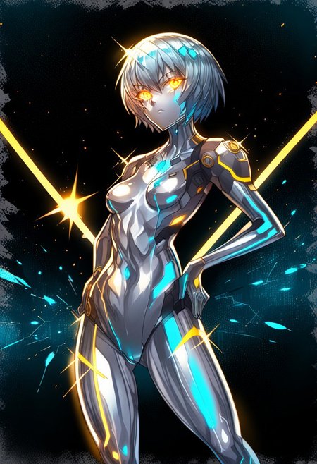 score_9, score_8_up, score_7_up, score_6_up, score_5_up, score_4_up, 2D, ibenz,
BREAK
1girl, liquid mercury, solo,
silver body, short hair, silver hair, 
((yellow lines, yellow eyes, glowing eyes)), ((petite, small breasts, short height)), 
confident pose, hands on hips, 
(cyberspace) black background, blue energy lines, blue code, detailed background,