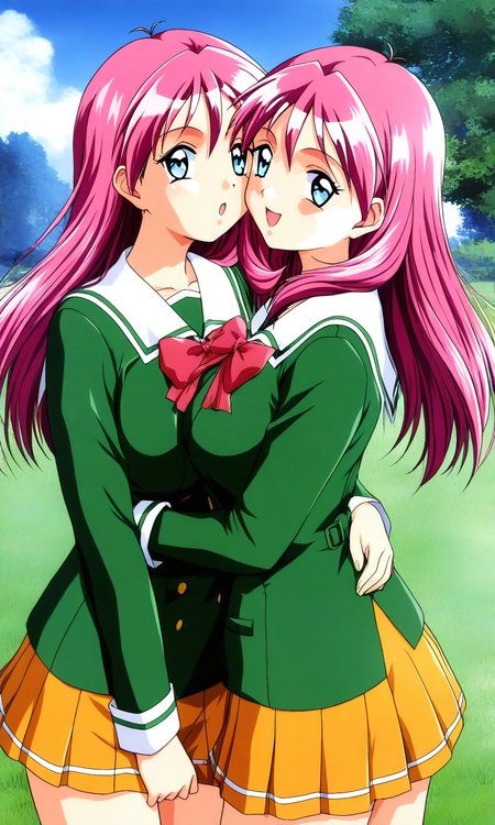 general,highres, ultra-detailed,very aesthetic,best quality ,best hands, BREAK <lora:Shirayuki_Mihoï¼Maho_Tokimeki_Memorial2_IS:1>
Shirayuki_Mihoï¼Maho, pink hair, blue eyes, long hair, large breasts, 
twins, 2girls,happy, hug, kiss,
school uniform, bow, green shirt, long sleeves, shirt, pleated skirt, orange skirt, red bow, sailor collar, smile, v arms, looking at viewer, open mouth, yellow skirt, jacket, :o, cowboy shot, standing, blue sky, grass,