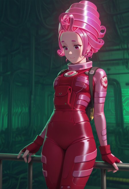 Graphic Design, color art, vibrant colors, colorful, intricate details, high contrast, detailed background, beautiful detailed, beautiful face, detailed eyes, detailed face, new, 1girl, solo, m4sy4, pink hair, pink eyes, bodysuit, pink bodysuit, gloves, fingerless gloves, belt, factory, three quarter view, (masterpiece, best quality, newest, recent, absurdres),