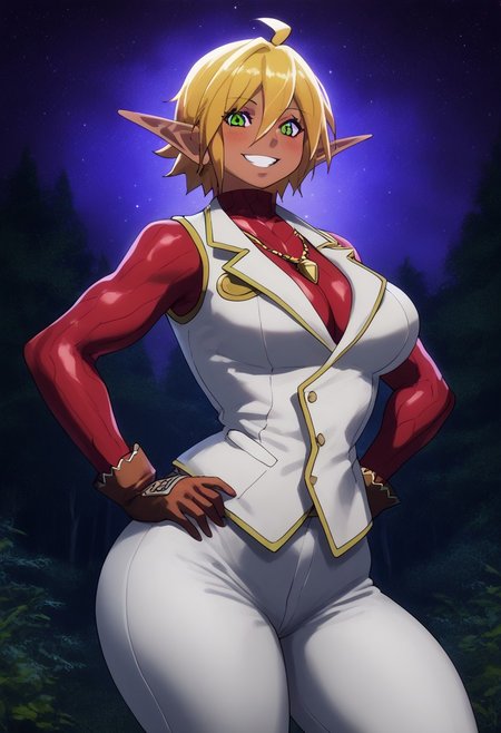 (score_9, score_8_up, score_7_up, perfect, high quality, best quality, ultra-detailed, very aesthetic, illustration, perfect composition, intricate details, absurdres, high res image, masterpiece, vibrant colors, beautiful face, detailed face, 1girl, solo focus, perfect eyes, detailed eyes, perfect hands), female, aura bella fiora, short hair, blue eyes, blonde hair, hair between eyes, green eyes, ahoge, pointy ears, dark skin, heterochromia, elf, dark elf, thick thighs, (venus body, perfect body, large breasts), curvy body, huge hips, (gloves, jewelry, necklace, vest, white vest, pants, white pants,), (smiling, blushing, looking at viewer, hands on hip), (sky, starry background, forest, fantasy)