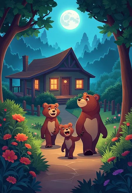 2d,  afkArenaStyle style, Cartoon style, A bear and her cubs walking through a country cabin garden, brightly lit scene, colorful, vibrant glow, extreme details, dramatic lighting