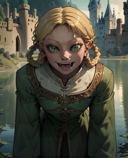 score_9,score_8_up,score_7_up,
ryazorayas,blonde hair,hair rings,twin braids,green eyes,bad_posture,slit pupils,light smile,
green dress,long sleeves,standing,solo,open mouth,fang,
leaning forward,  
lake,castle,<lora:RyaZorayasXL-ER11:1>,