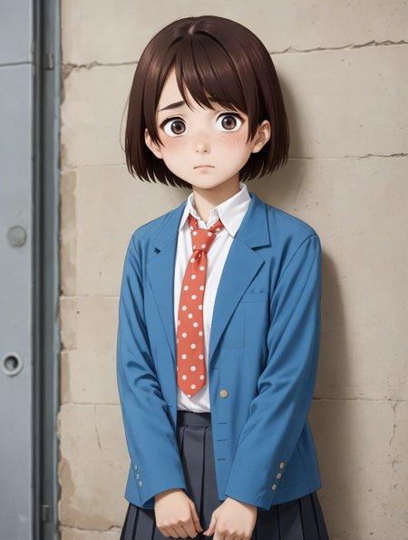 score_9, score_8_up, score_7_up, 
<lora:sdxl-hky-hotaru-pony:0.55> hinase hotaru, brown eyes, dark brown hair, short hair, white collared shirt, blue jacket, gray pleated skirt, red necktie at polka dot,
1girl,solo,
cowboy shot,  
bewildered , shy, blush,