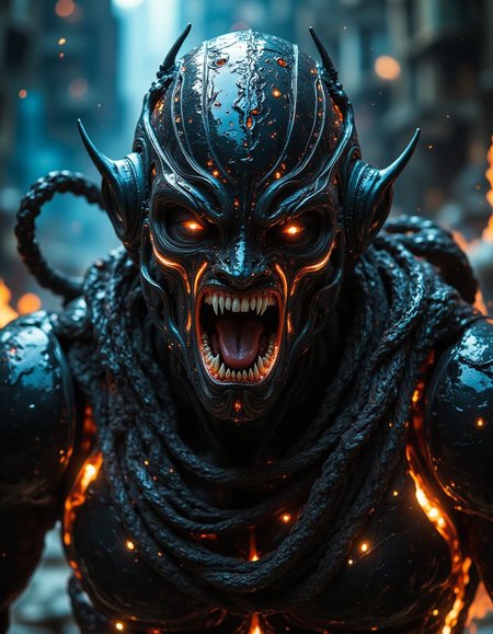 high quality photograph, quarter view of riskofrain character portrait, direct eye contact, intimidating eye contact, evil character with humanoid glowing cybernetic parts out of reality from a distant hell invading earth, battle scarred, twisters from hell in the background,
captured on a (Phase One XF IQ4 150MP), rule of third composition,
 <lora:Risk_of_Rain_-_Character_Portrait_-_Style:0.1>,  <lora:MidjourneyV6.1:0.8>,  <lora:fluxenhancer:0.4>