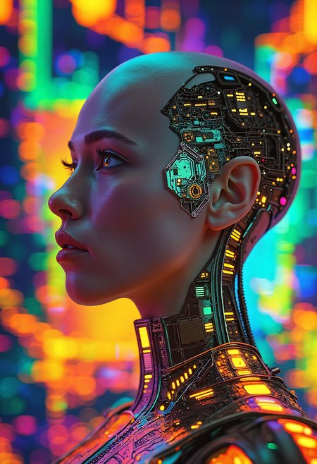 Create a futuristic, high-contrast image of a bald, bioengineered woman with a neural network implanted in her brain, gazing directly at the viewer with a confident and slightly surprised expression. Her skin is smooth and natural, but her eyes seem to hold a hint of macabre intensity. The background is a dark, nebula-like expanse, with tendrils of color swirling around her like a cyberpunk aurora. The overall effect should be one of dramatic, high-contrast realism, with a focus on fine texture and extreme detail. The image should feel like a still from a sci-fi movie, with a sense of futuristic unease and tension.  <lora:scifi/moxiePunk_v20.safetensors:0.8>,  <lora:flux/Realism 2.safetensors:0.8>, realism, realistic,  <lora:art and styles/MysticFantasy.safetensors:0.8>,