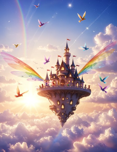 cloud art, cute mythical beings made from clouds, fluffy fairies, tiny sprites, magical sky, soft lighting, vibrant colors, whimsical, ethereal, detailed, high contrast, hyper-realistic, playful, imaginative, high-definition, gentle, warm atmosphere, BREAK
pixie castle,  flying pixie, flying birds, 
<lora:polyhedron_lense_flares-000005:1> lense flare, lense flares, anamorphic lense flares, rainbow flares  <lora:volumetric lighting style v2:1> volumetric lighting style