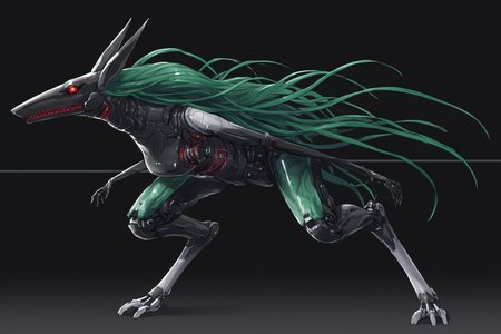 score_9, score_8_up, score_7_up, score_6_up, score_5_up, score_4_up, BREAK, source_anime, solo, 1girl, rating_safe, ((mature female)), ((long green flowing hair)), mechanical parts, ((plastic, polymer, metal body)), (big mechanical rabbit ears), mature female, (bunny ears), (animal ears), subdermal port, ((milf, mature female, big breasts)), hexagon lines in skin, naval uniform overcoat, naval uniform, white military uniform, dress_uniform, ribbons, ((red eyes)), bunny tail, rabbit tail, aiguillette, ((green hair)), ascot, ((Ground level (from the side) view Extreme Close shot (focus on waist), Pretending to struggle with an invisible wind )), pilot suit, shoulder cutout, bunny rabbit Tail, ((hair over one eye, )), digitigrade, clawed feet, minimal clothes, ((metal skin, shiny skin, vampire aesthetic, digital eyes, filled eyes, monochromatic eyes, glowing eyes, colored sclera, red sclera, mechanical eyes, partially shaded face, slit pupils, angular, minimal face, minimalism, narrow eyes, large eyes)), (anubis \(mythology\), anubis \(mythology\), ), <lora:Pony_DetailV2.0:1.5>, <lora:age_slider_v4:4>, ((dark, shaded, black background, horror, GREEN HAIR,)) <lora:ECHANIS:0.7>,    <lora:SqueakyRem_Style:1>