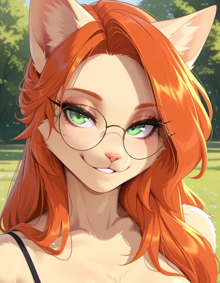masterpiece, best quality, very aesthetic, absurdres,
outdoors,
upper body, posing, 
seductive smile, parted lips, long eyelashes,
 <lora:Katrina_v01_NAIXL-000004:1>
K4tr1n4,1girl,solo,furry,furry female,cat girl,cat ears,orange hair,long hair,green eyes,glasses,snout,animal nose,body fur,