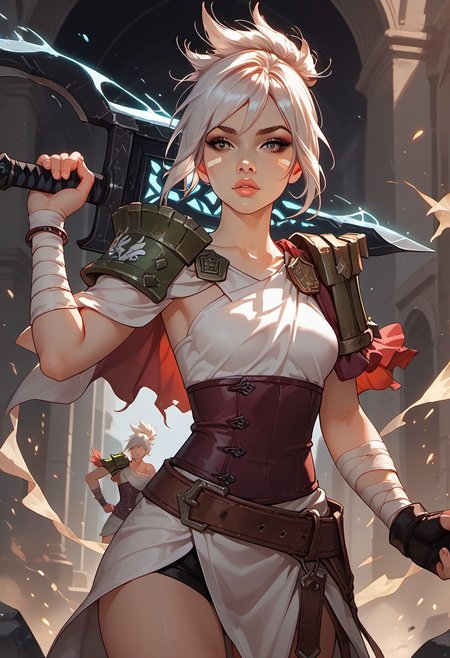 masterpiece,best quality, highly detailed, score_9, score_8_up, score_7_up, score_6_up, score_5_up, score_4_up, solo, rvn, white hair, short hair, ponytail, rvn, short hair, ponytail, facial mark, eyeshadow, top, criss-cross halter, single pauldron, shoulder armor, single glove, bandaged arm, corset, belt, skirt, single greave, (huge weapon, sword, broken weapon, magic), Expressiveh, 30yo, adult lustful confident woman, petite, slender body, perky saggy natural breasts, full lips, bangs, sidelocks, straps,
chinese magical sorceress, animated, swirling magic, wisps of magic, dancing pose, tight squeezed outfit, magical accessories, evoking motion, conveying motion, dynamic splash art