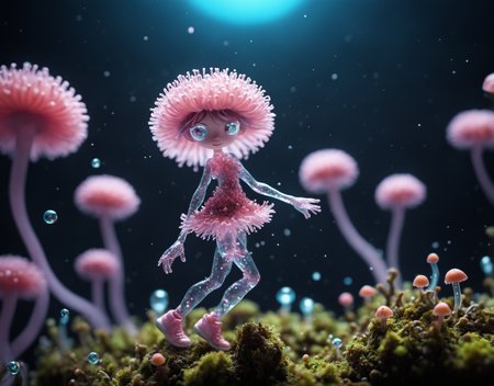photorealistic colorful microscopy shot Tilt-shift photo of a cute lichen character swirling and dancing ritual , (Rhizoid spores, mycelium, gemmae, algue moss, transparent plants protonema , glassy gametophytes, magical virophage organisms), space photography universe tiny, transformed, , tilt-shift (subsurface scattering, soft-body physics, cloth physics) colorful pollen clouds, shimmering dust,  ((aesthetic lens effects, chromatic aberration))