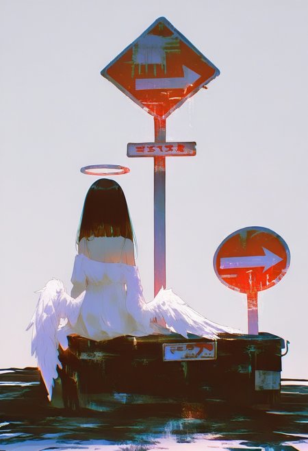 1girl, halo, solo, wings, sign, long hair, road sign, dress, white dress, from behind, angel, sitting, angel wings, black hair, simple background, feathered wings, bare shoulders, facing away, off shoulder, white wings <lora:748cmXL_NBVP1_lokr_V6311P:0.95>