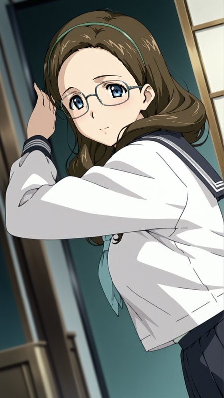 source_anime, general, best quality, masterpiece, 1girl,  <lora:Marie_ill:1> marie\(gunxsword\),blue eyes,tareme,brown hair,long hair,glasses,mature,serafuku, dynamic pose, dutch angle,