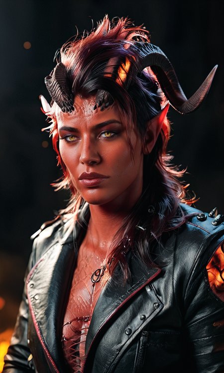 score_9, score_8_up, score_7_up, BREAK, rating safe, zy_karlach, 1girl, horns, black hair, red skin, yellow eyes, scales, demon girl, wearing leather jacket and pants, portrait, realistic, photo, real hair, detailed skin, hell, highly detailed, detailed skin, depth of field, film grain, <lora:zy_Karlach_PonyRealism_v1:0.7>