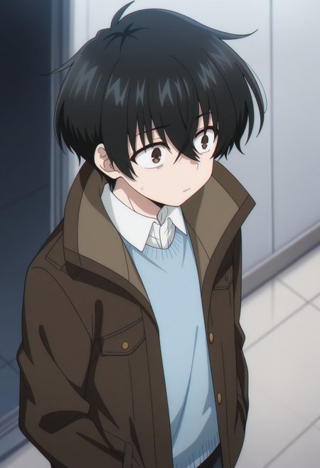 masterpiece,best quality,amazing quality, source_anime, 
KeitaroGentoga, 1boy, male focus, solo, brown eyes, black hair, shirt, white shirt, collared shirt, blue sweater, jacket, brown jacket, open jacket,