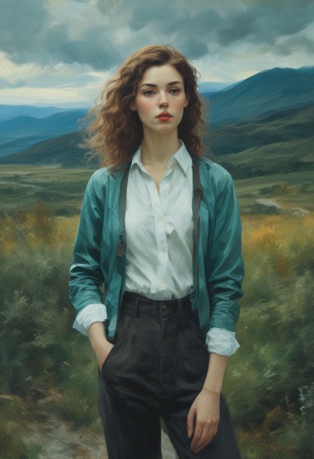 ,8k cinematic , oil painting,  cute fit 18 year old woman, cleavage, clothed, blouse  , beautiful landscape, by Alena Aenami, by Edwin Henry Landseer, by Charlie Bowater,