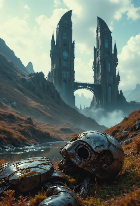 In the foreground lays the whimsical, decaying, moss-covered, and weathered metal body of a long-defunct robot, its rusted frame blending completely into the natural environment. Beside it, an old, half-rotted sign lies on the ground, bearing the faded text "some buzz pls," hinting at its past use as a begging shield. The robot’s head, overgrown with vines, gives an eerie sense of abandonment and forgotten technology. Behind this rusted relic, a massive abyss hovers in the vastness of outer space, its colossal form seemingly bowing down to the viewer. Two towering structures, forged from black metal, rise ominously into the high clouds. Their sleek, modern-medieval design incorporates both sharp geometric angles and massive windows that reflect the fading light. A bridge of cold, gleaming metal connects the two towers, reinforcing their imposing presence in the sky. The hyper-realistic scene captures a tranquil, mist-shrouded landscape at twilight, with rolling hills and deep valleys bathed in soft orange light. The terrain is covered with delicate shrubs and grasses, their leaves tinged in deep black-pink hues, creating a striking contrast against the cool, misty atmosphere. The decaying robot’s weathered form, set against the towering black metal structures, evokes a haunting sense of the passage of time, where nature slowly reclaims the remnants of a long-lost civilization.